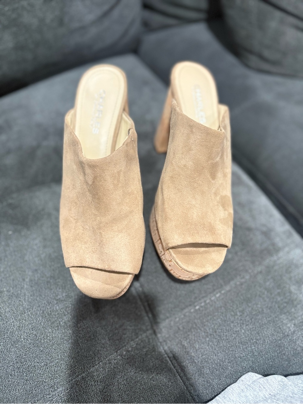 Charles David Tan Suede Peep-Toe Mule Heels